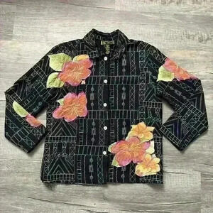 MIRASOL Womens Sz M jacket/blazer black w/white designed stitching & Embroidered